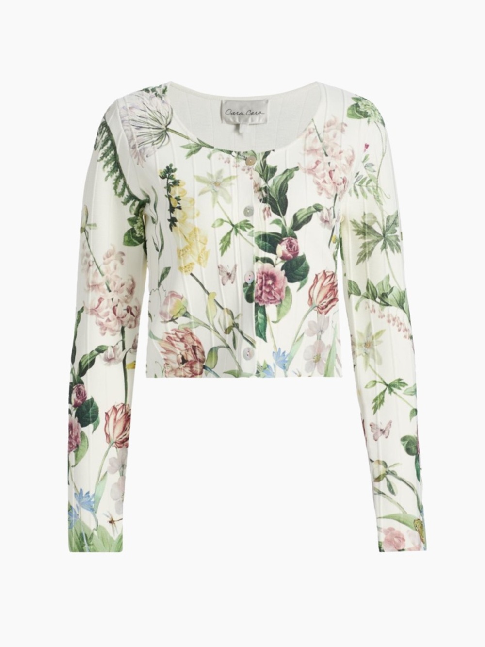 Cara Cara White Floral Buttoni-Front Crop Cardigan